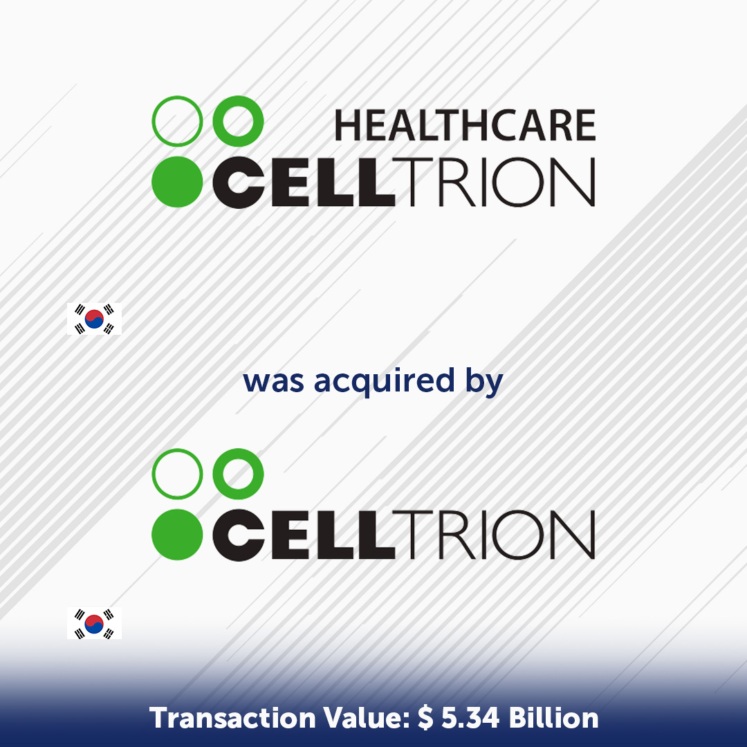 Top Deal No. 2 - Celltrion Healthcare Co., Ltd. (South Korea) was acquired by Celltrion, Inc. (South Korea) for $5.34 billion USD.